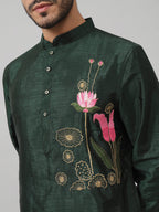 Dark Fern Embroidered Silk Kurta by Hilo Design