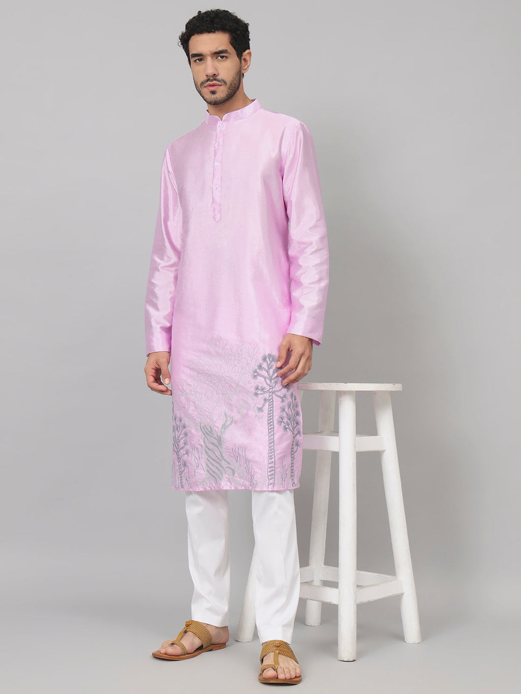 Orchid Embroidered Silk Kurta by Hilo Design