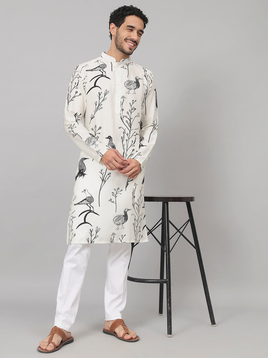 Feathered Birds Print Cotton Kurta by Hilo Design