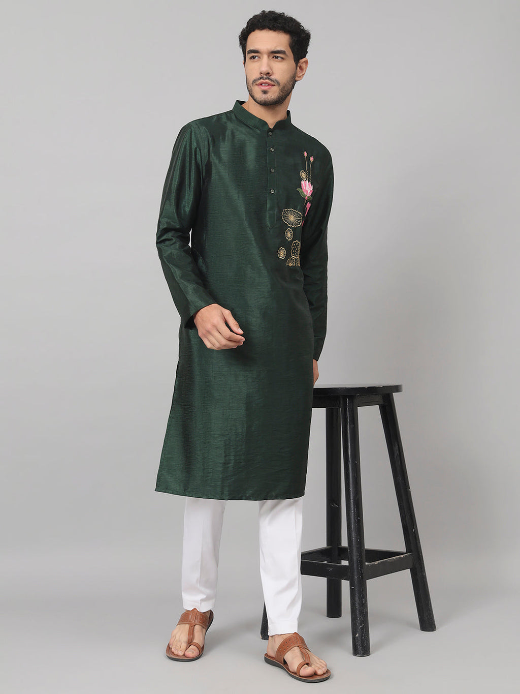 Dark Fern Embroidered Silk Kurta by Hilo Design