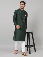 Dark Fern Embroidered Silk Kurta by Hilo Design