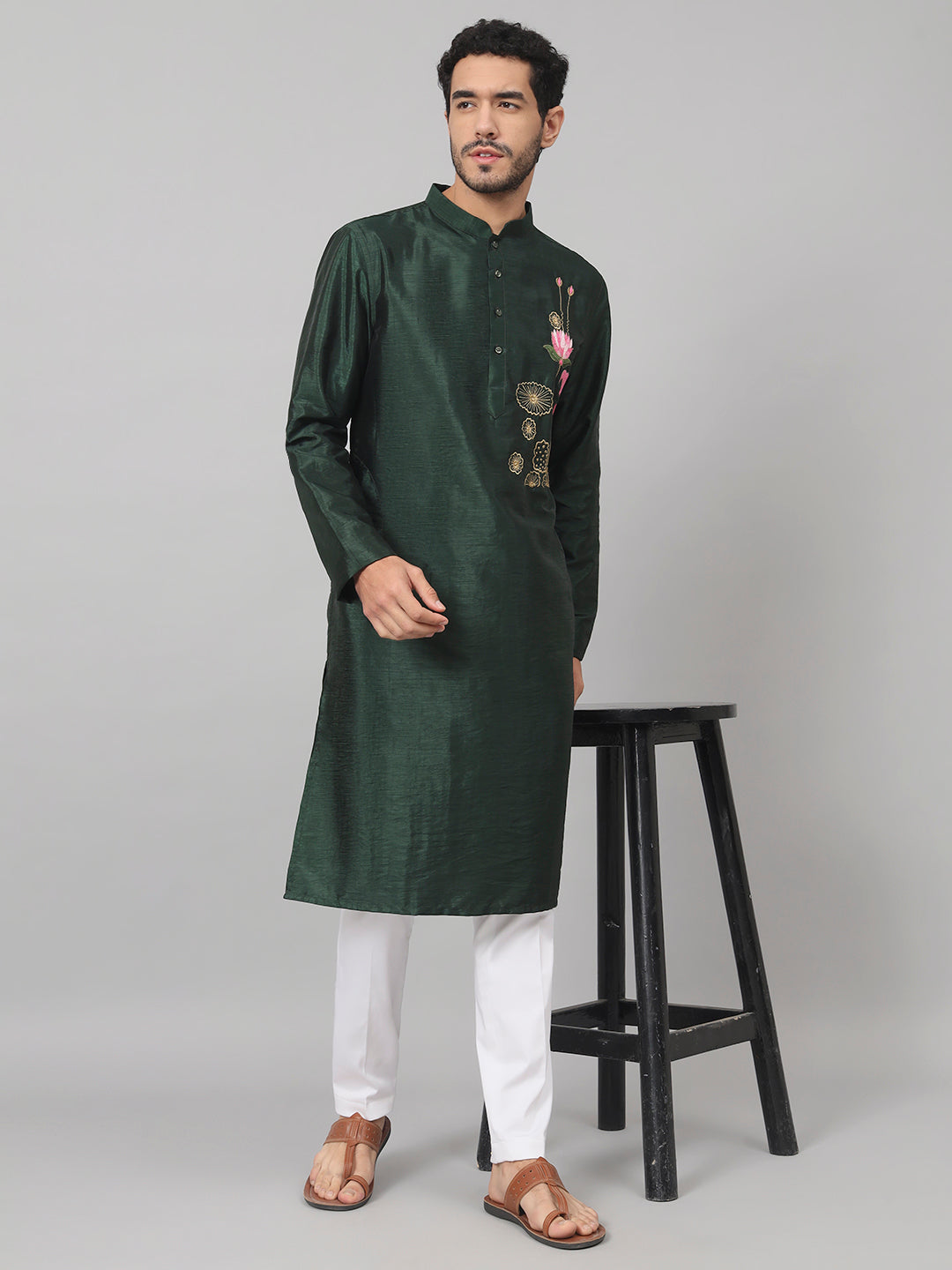 Dark Fern Embroidered Silk Kurta by Hilo Design
