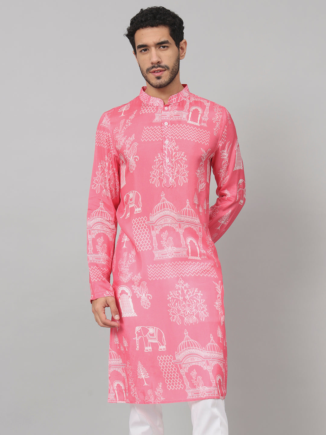 Botanical Architecture Traditional Printed Silk Kurta by Hilo Design