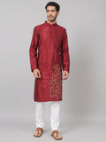 Classic Silk Kurta With Leaves Embroidery by Hilo Design