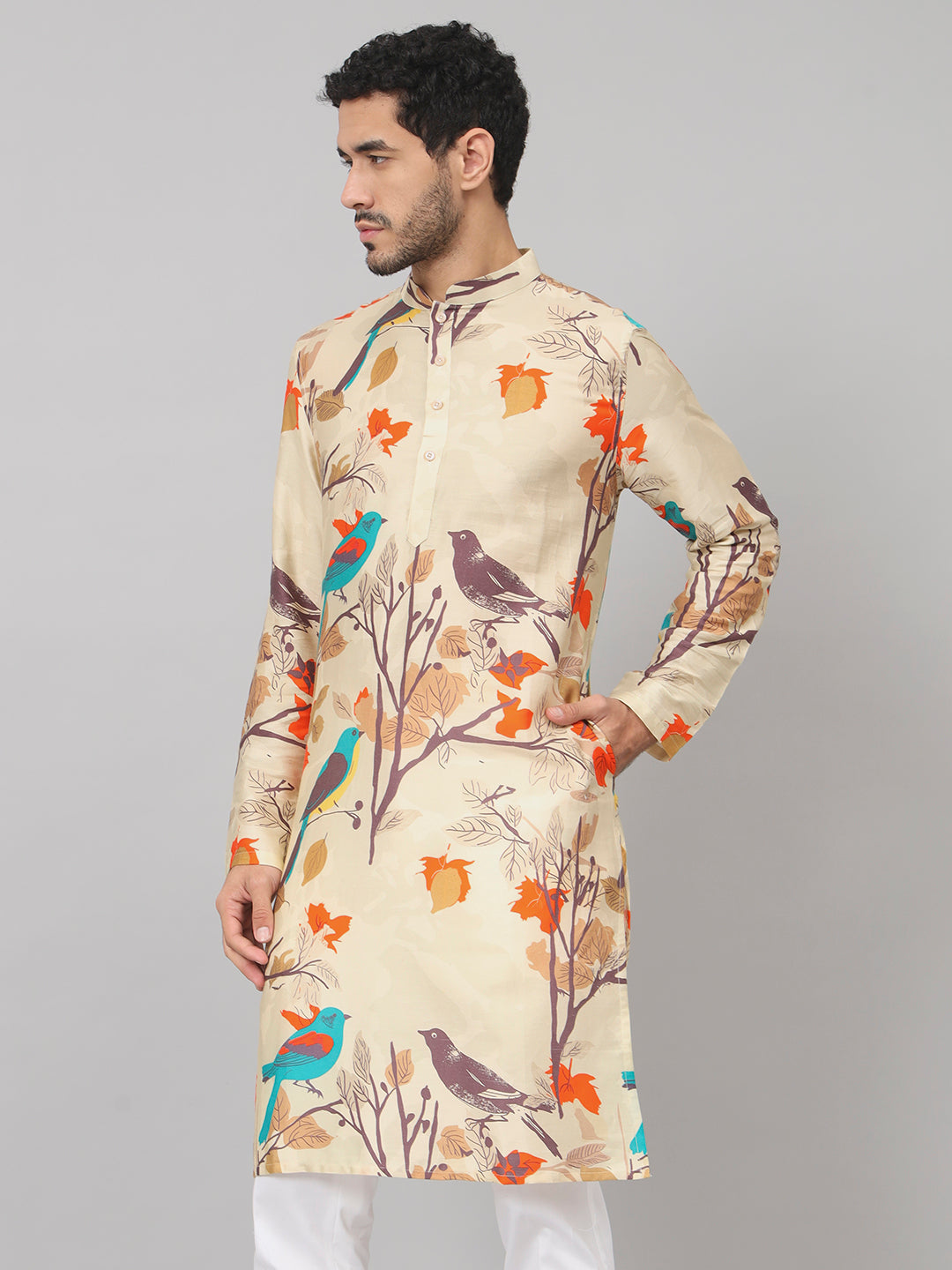 Serenity Bird Themed Print Cotton Kurta by Hilo Design