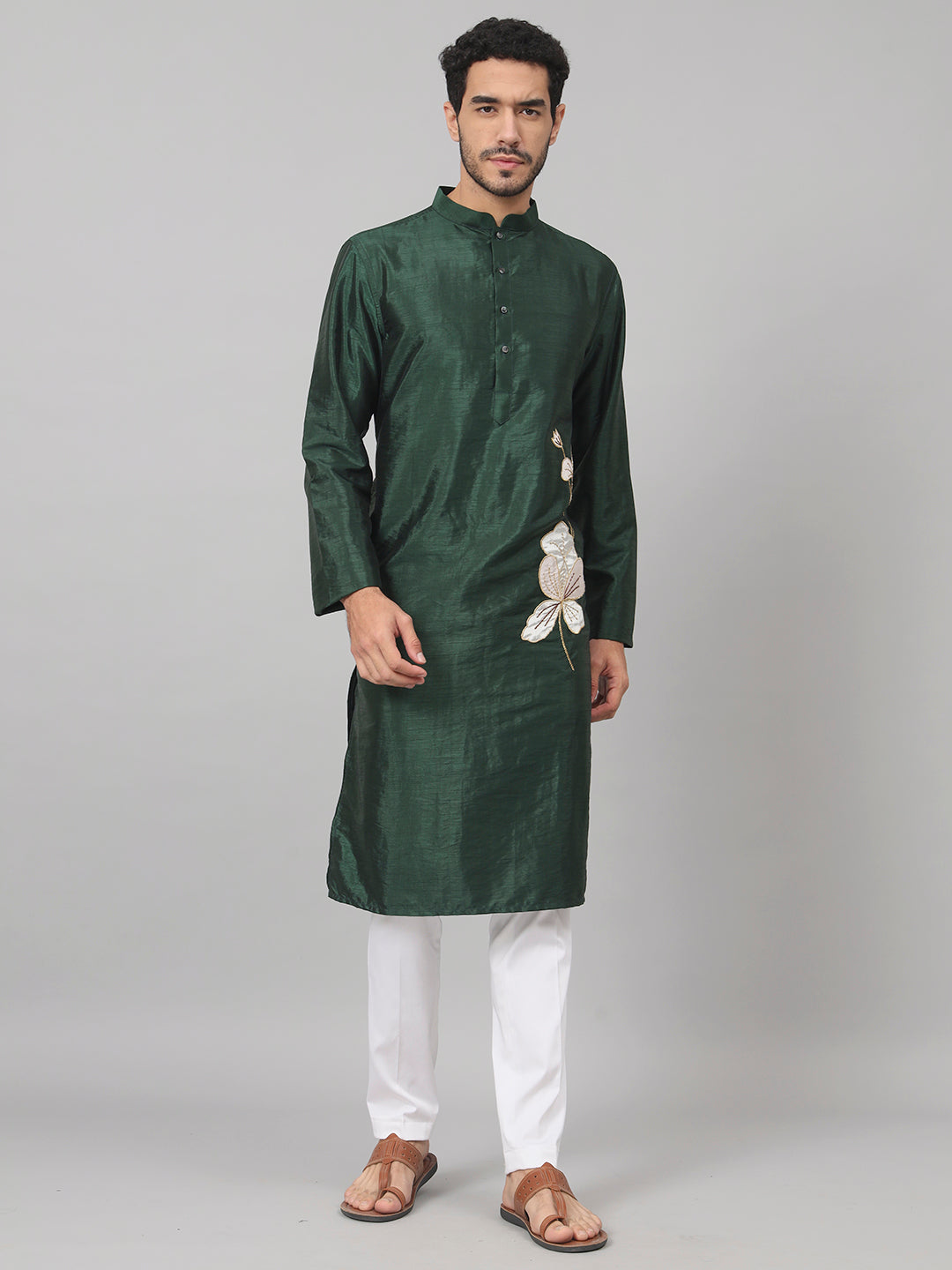 Evergreen Silk Kurta With Patch Embellishments by Hilo Design