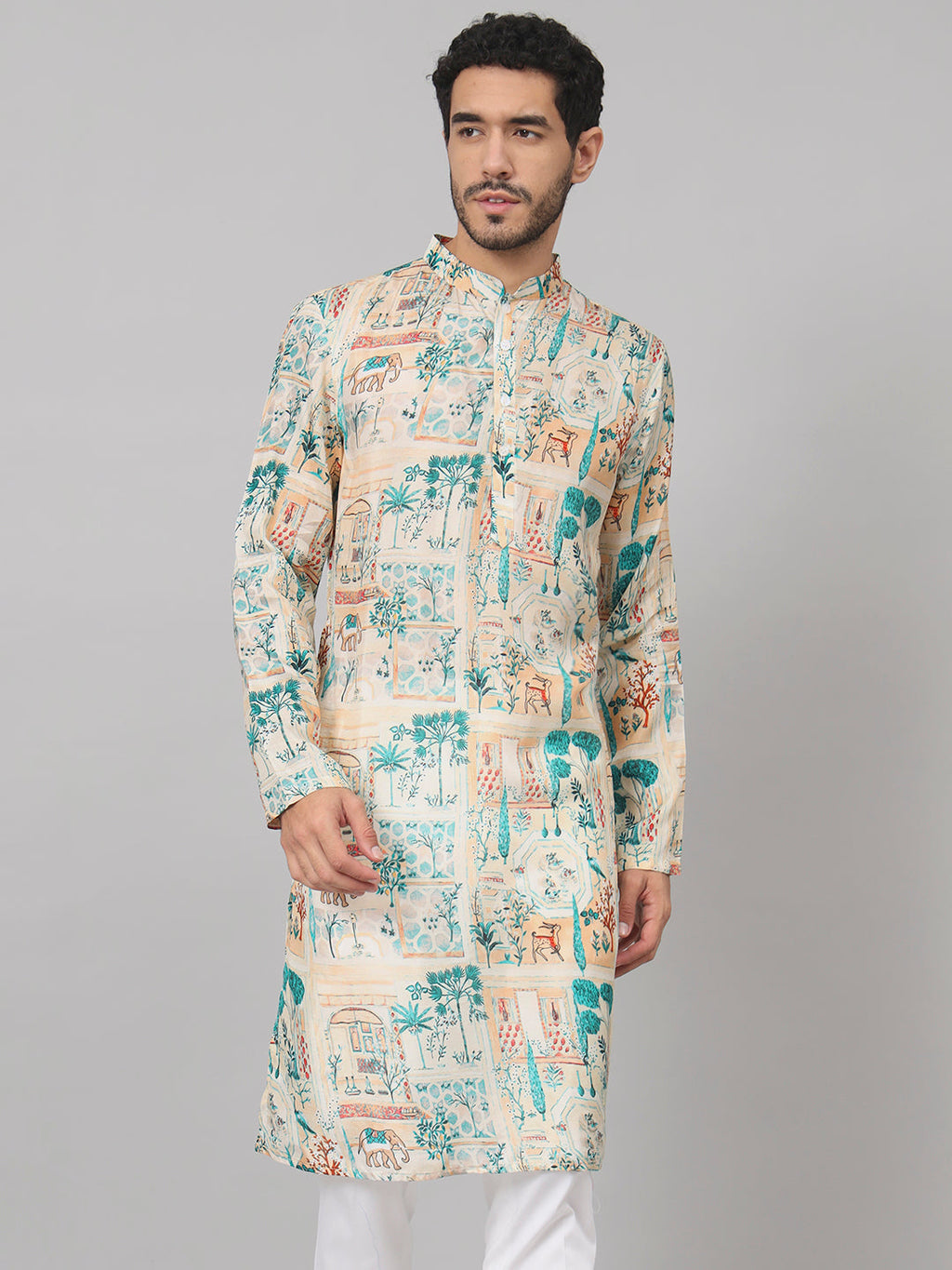 Classic Forest Print Silk Kurta by Hilo Design