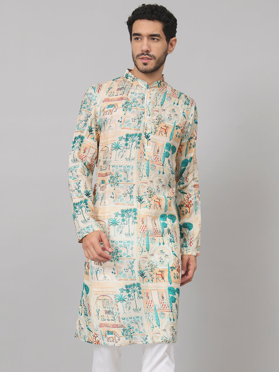 Classic Forest Print Silk Kurta by Hilo Design