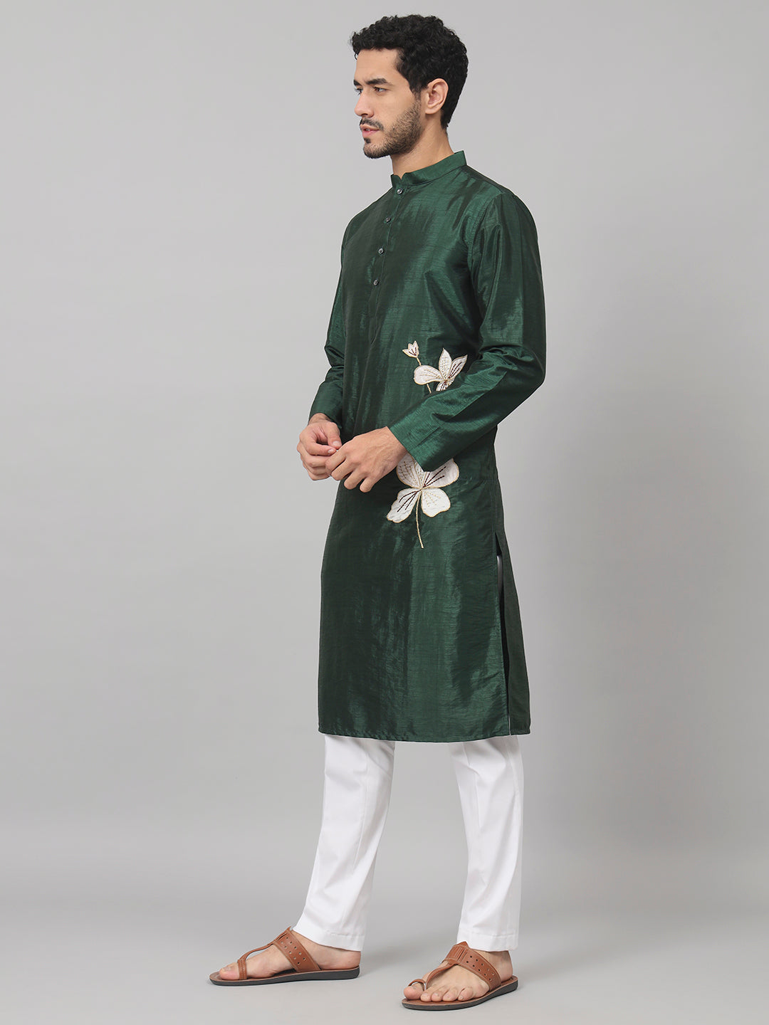 Evergreen Silk Kurta With Patch Embellishments by Hilo Design