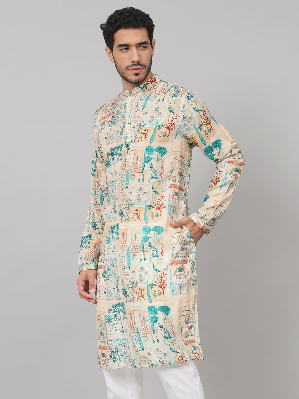 Classic Forest Print Silk Kurta by Hilo Design