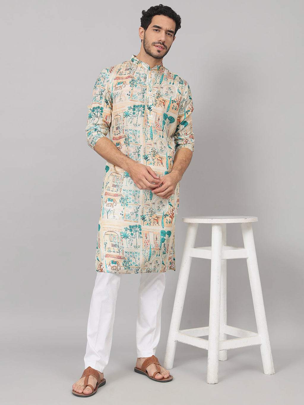 Classic Forest Print Silk Kurta by Hilo Design