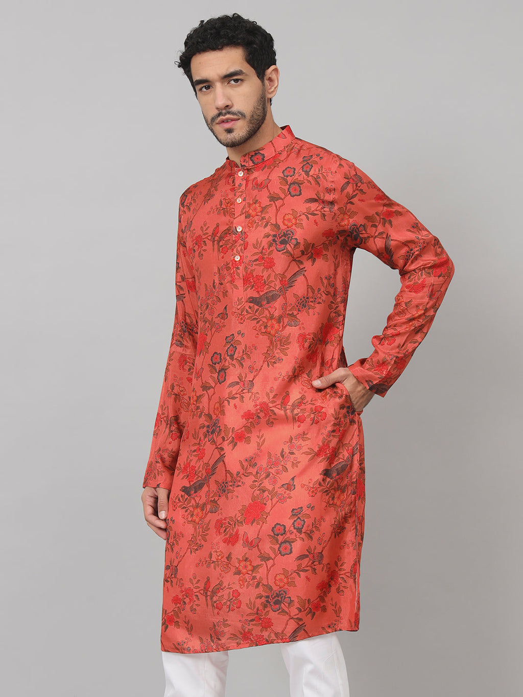 Floral Jal Print Silk Kurta by Hilo Design