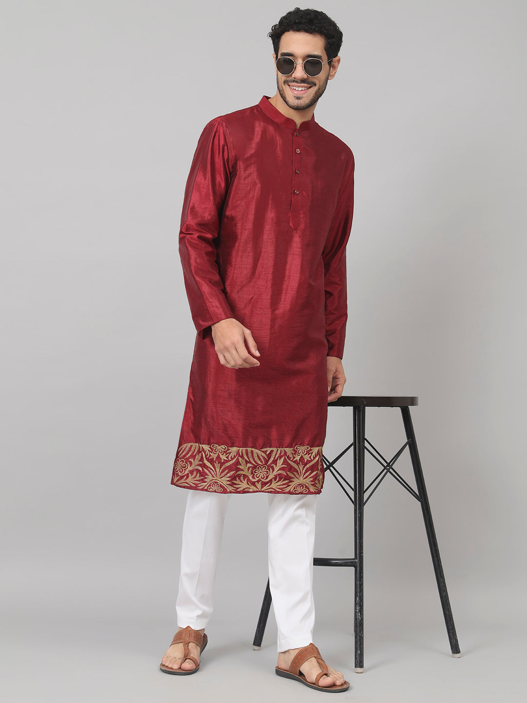 Zari Embroidered Silk Kurta by Hilo Design