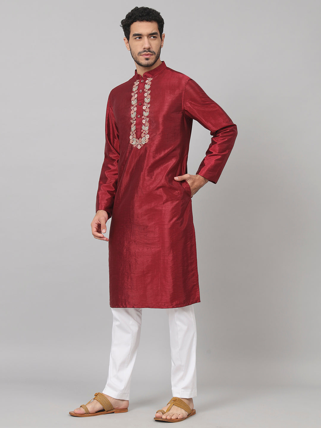 Traditional Neckline Embroidered Silk Kurta by Hilo Design