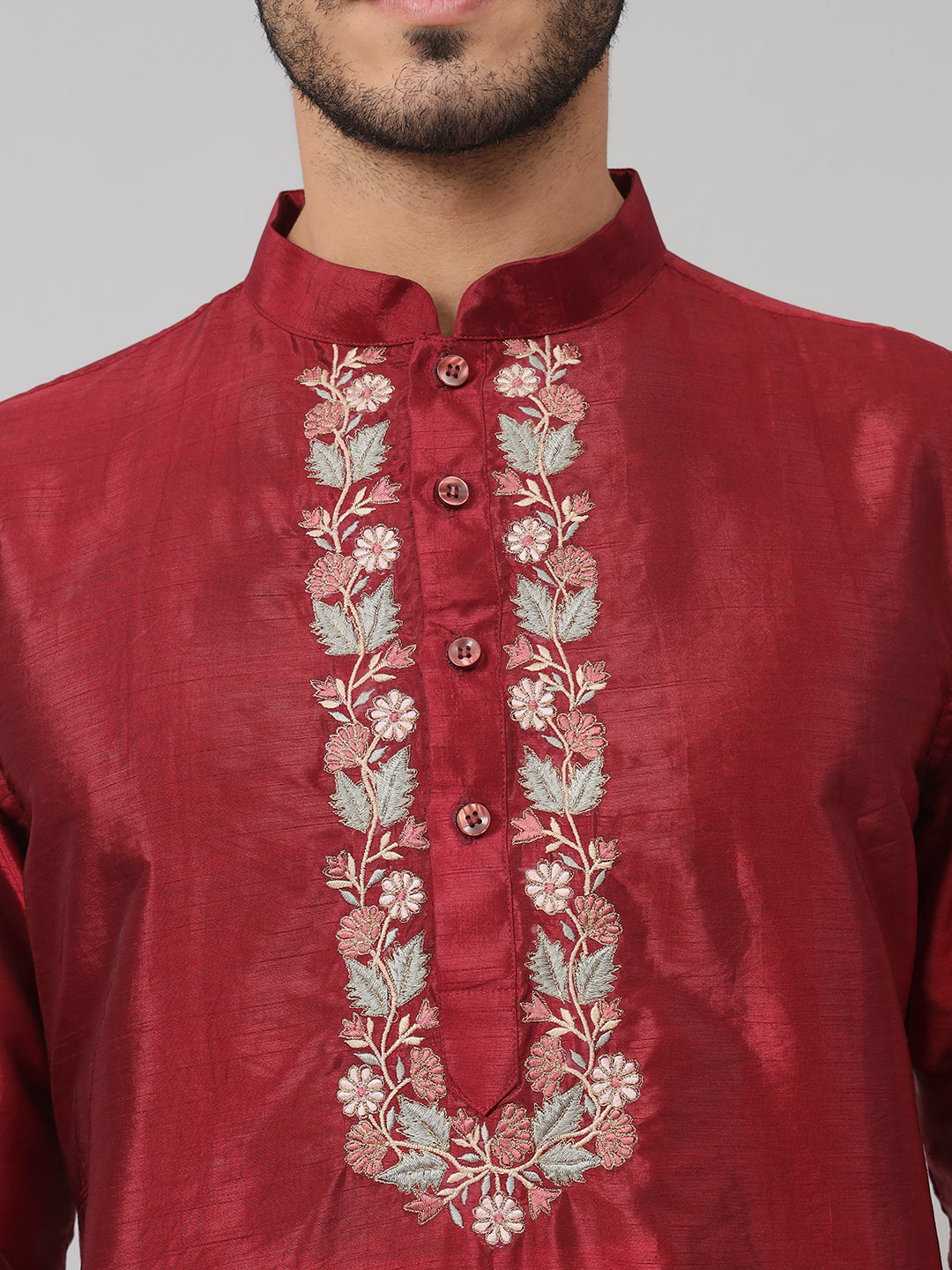 Traditional Neckline Embroidered Silk Kurta by Hilo Design