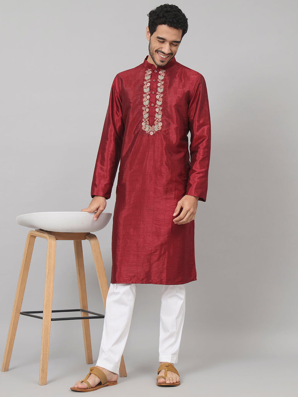 Traditional Neckline Embroidered Silk Kurta by Hilo Design