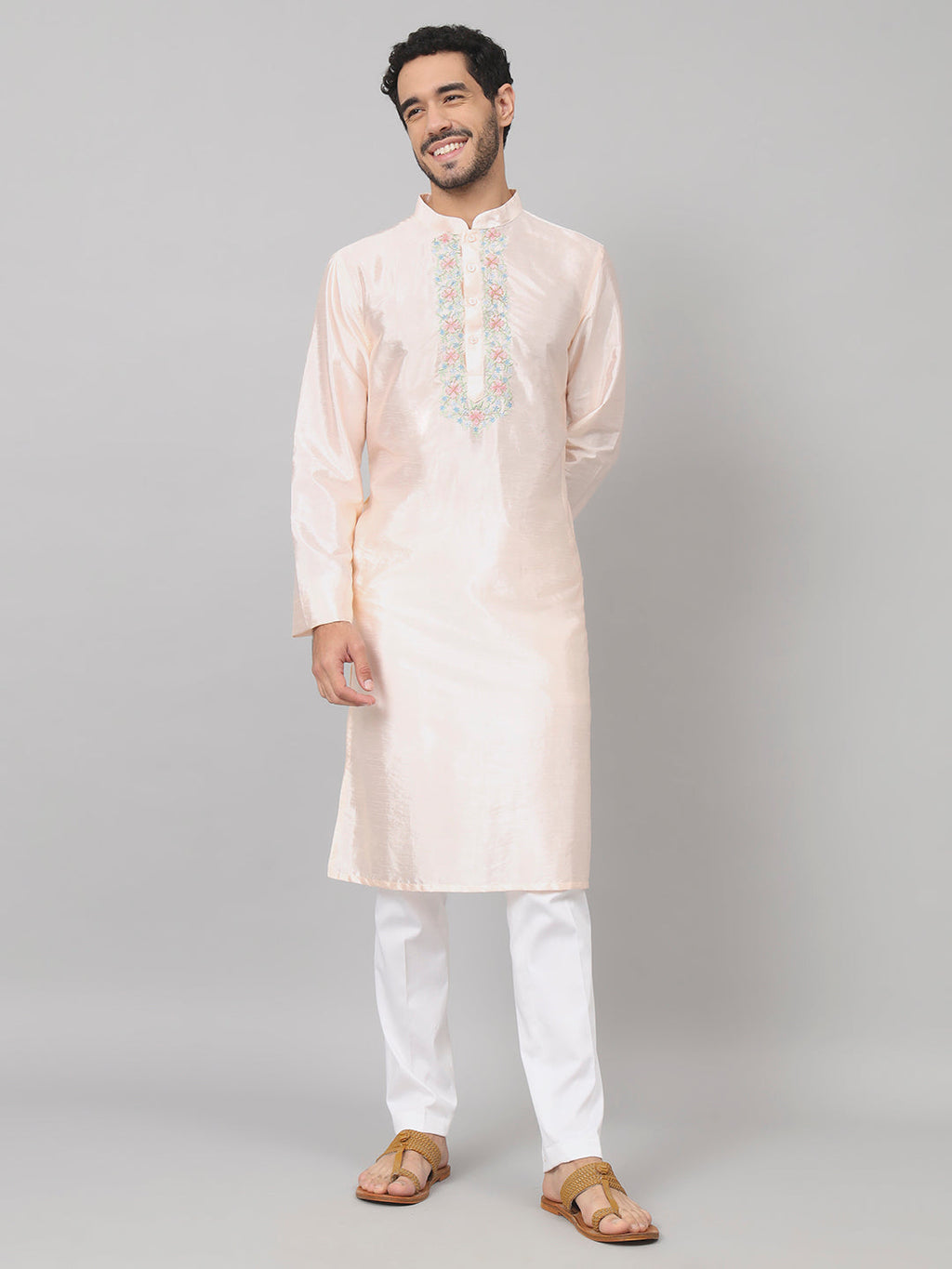 Pastels Neckline Embroidered Silk Kurta by Hilo Design