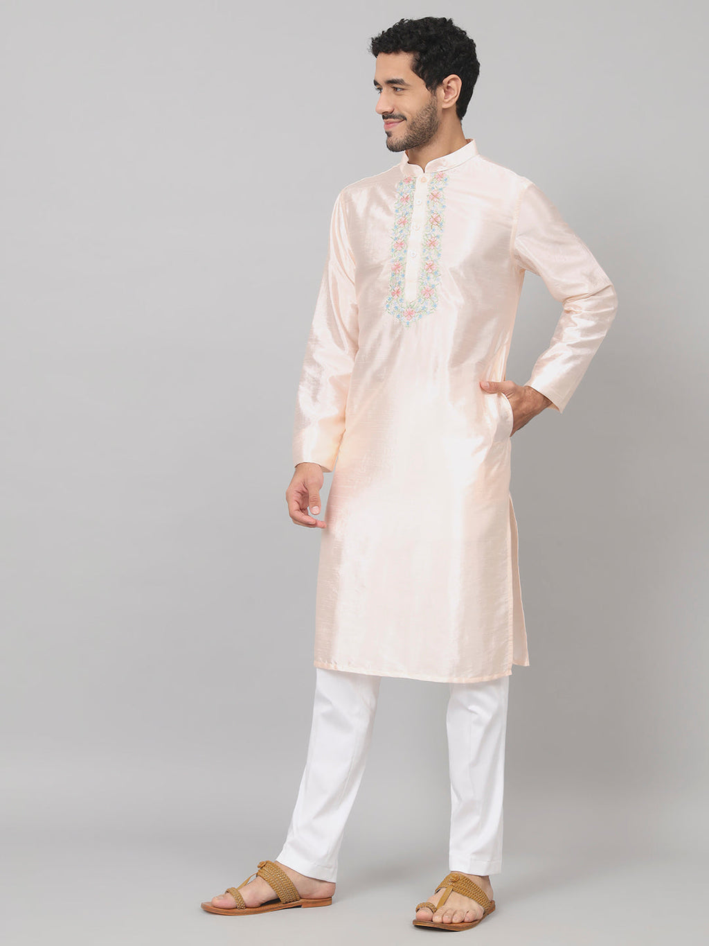 Pastels Neckline Embroidered Silk Kurta by Hilo Design