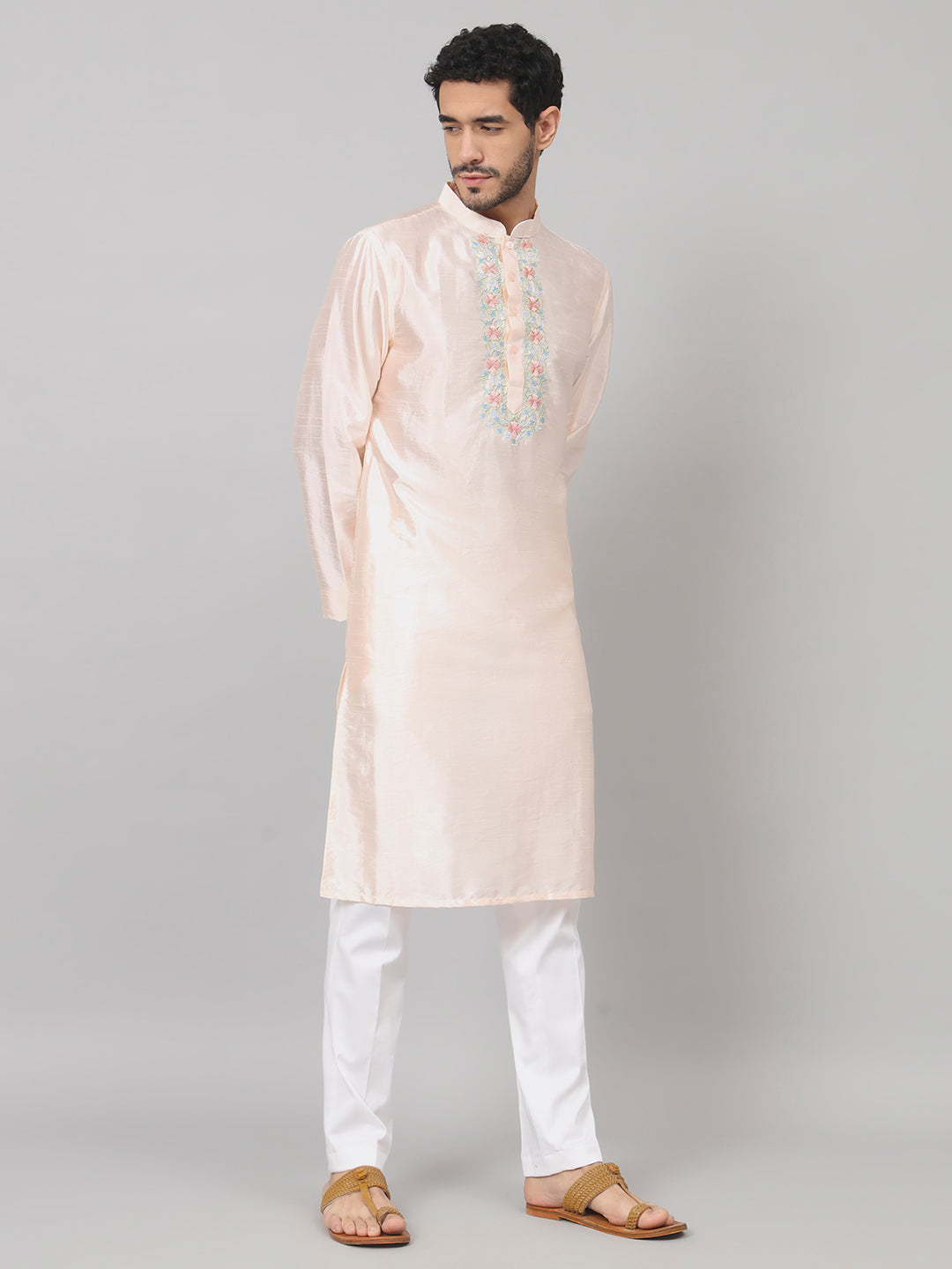 Pastels Neckline Embroidered Silk Kurta by Hilo Design