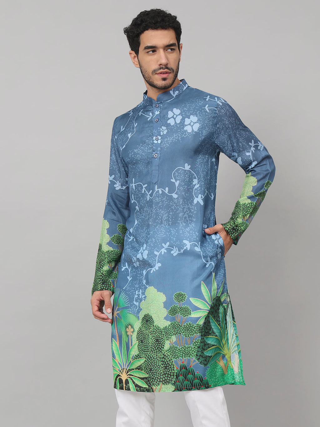 Tree Bark Classy Print Silk Kurta by Hilo Design