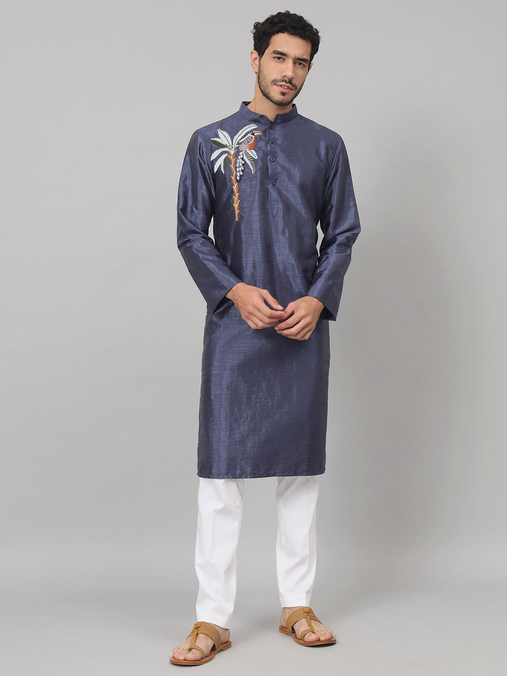 Sapphire Embroidered Silk Kurta by Hilo Design