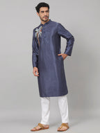 Sapphire Embroidered Silk Kurta by Hilo Design