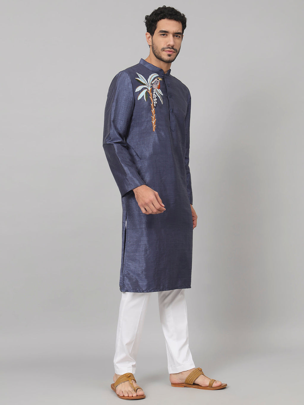 Sapphire Embroidered Silk Kurta by Hilo Design