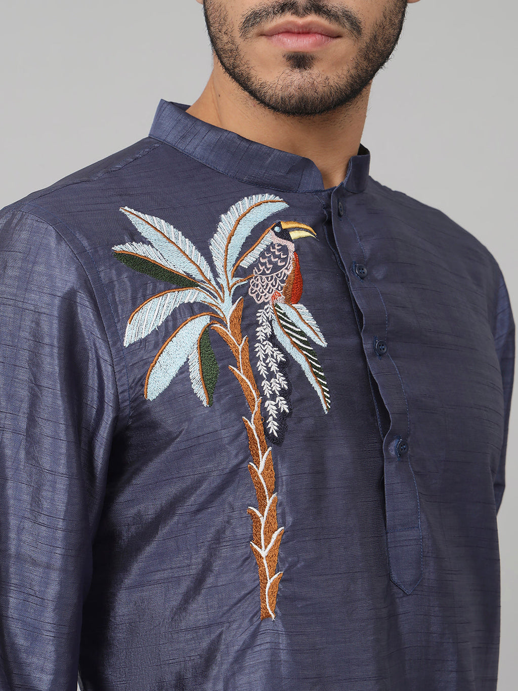 Sapphire Embroidered Silk Kurta by Hilo Design