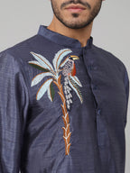 Sapphire Embroidered Silk Kurta by Hilo Design