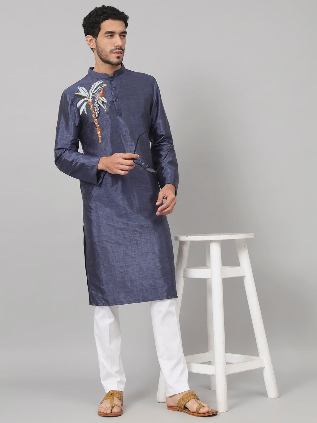 Sapphire Embroidered Silk Kurta by Hilo Design