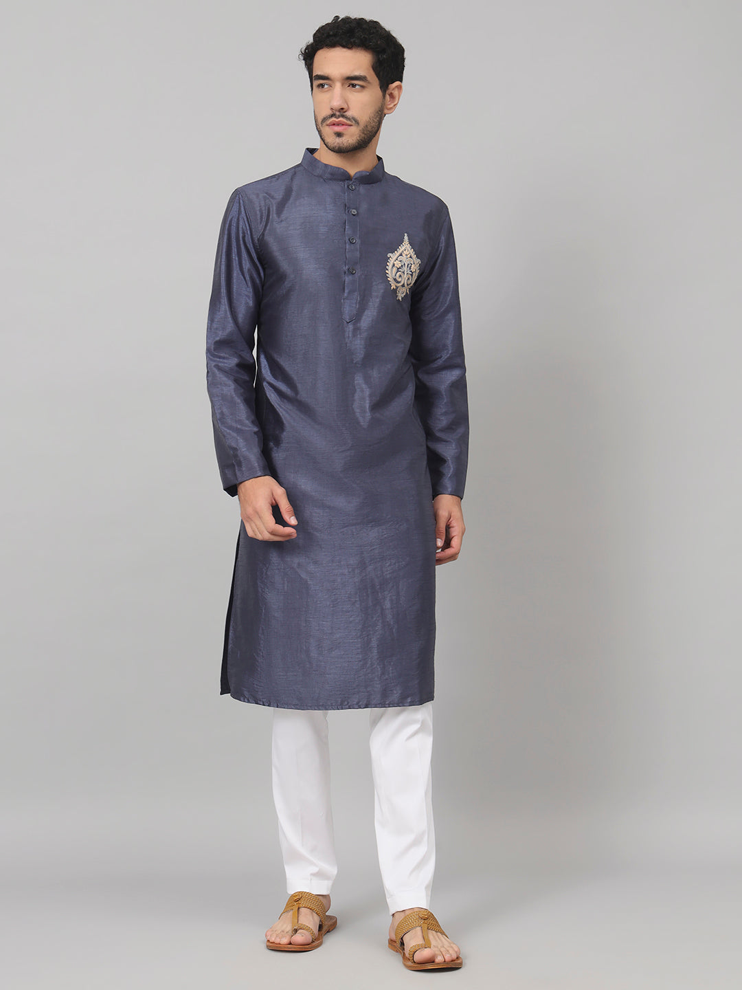 Classic Silk Kurta With Motif Embroidery by Hilo Design