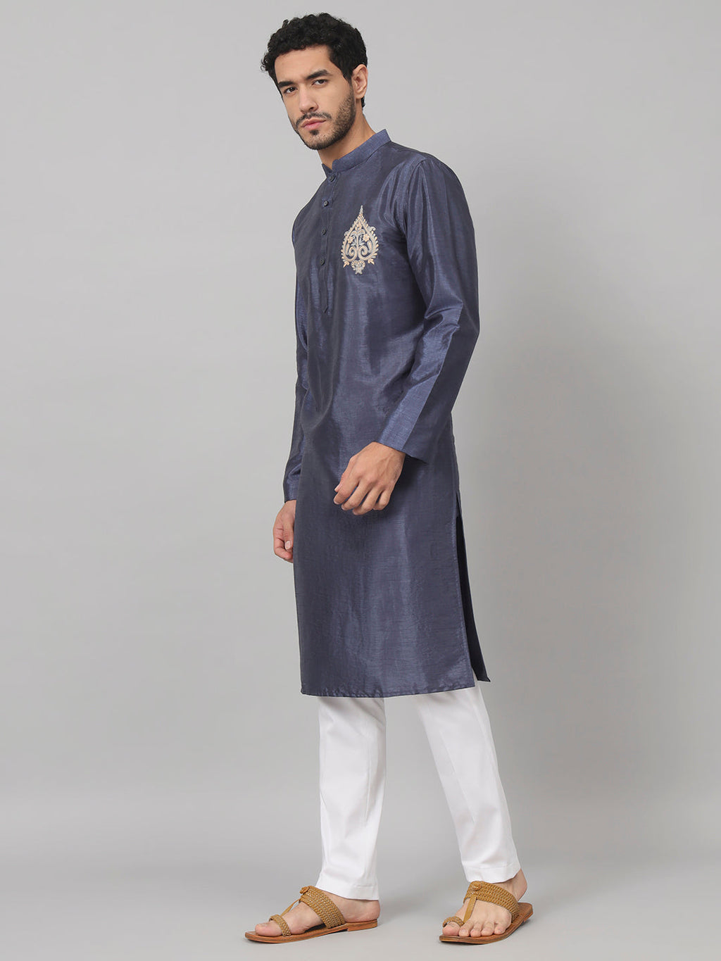 Classic Silk Kurta With Motif Embroidery by Hilo Design