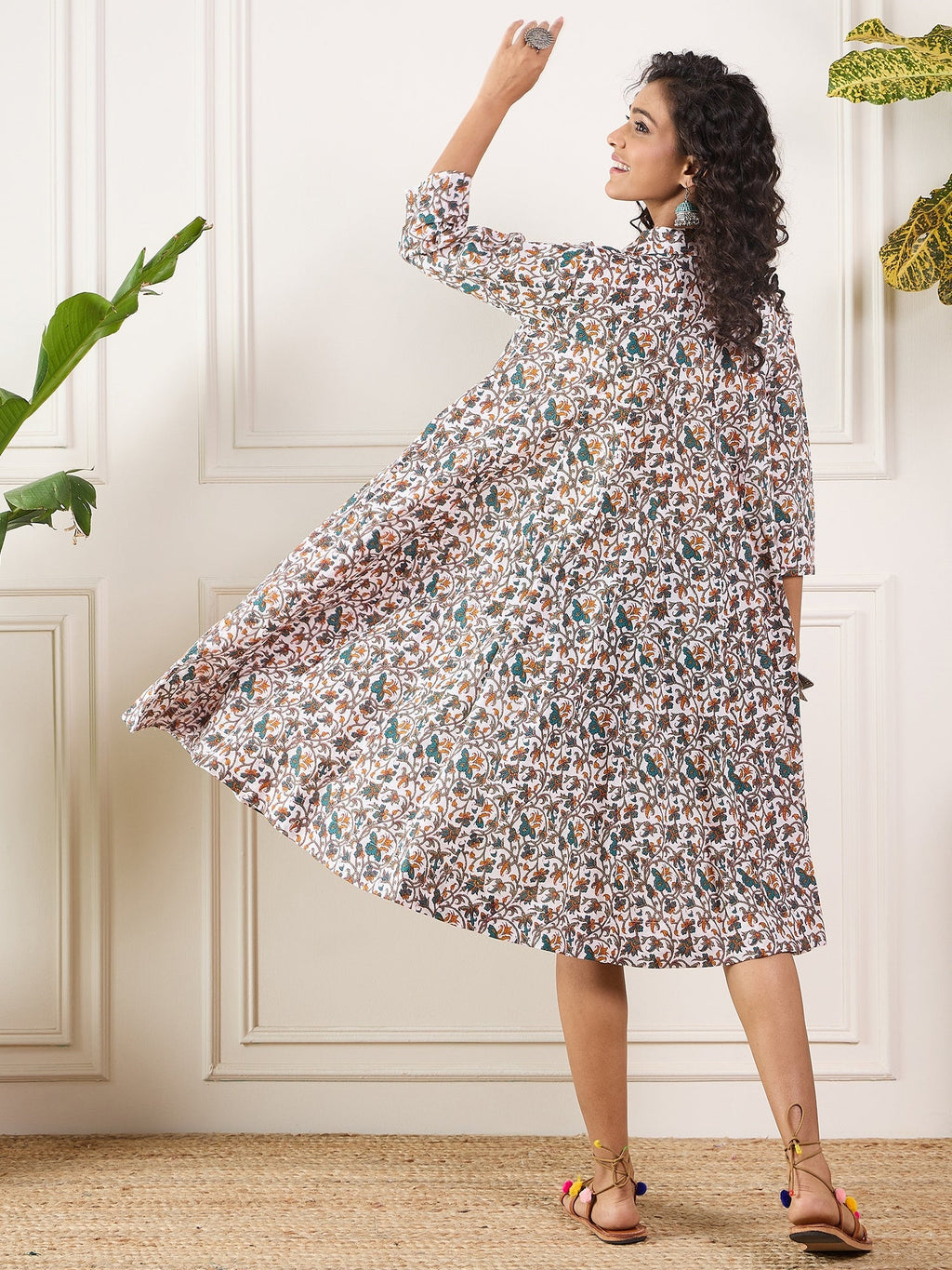InWeave Teal Floral Sage Jaal Print Collar Dress - Distacart
