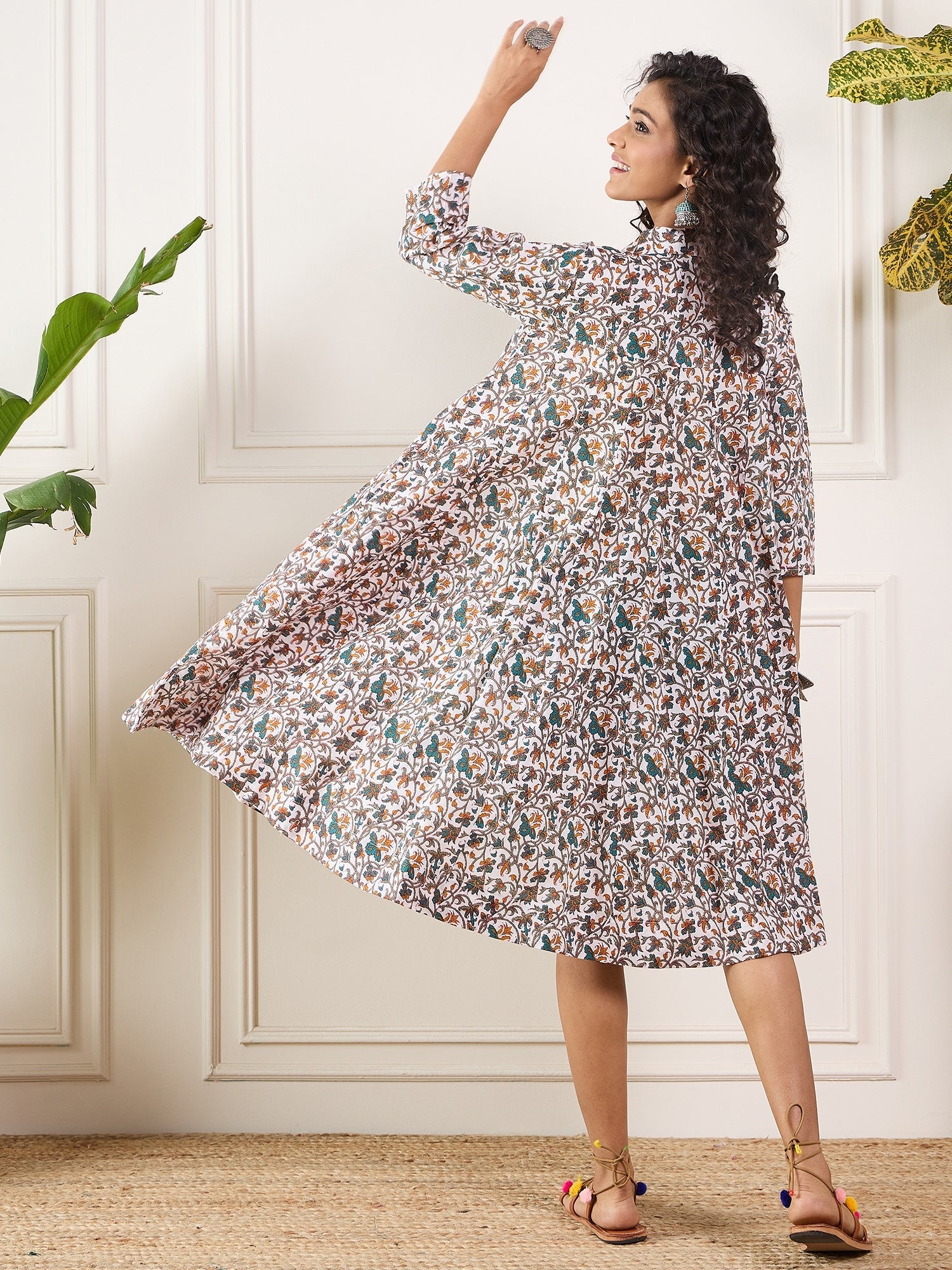 InWeave Teal Floral Sage Jaal Print Collar Dress - Distacart