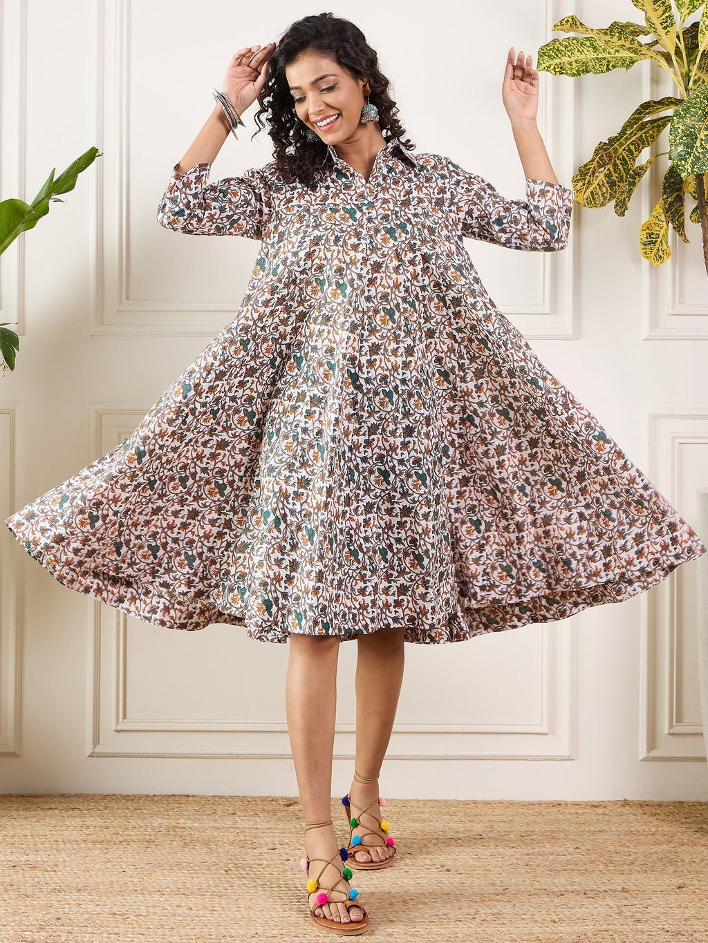 InWeave Teal Floral Sage Jaal Print Collar Dress - Distacart