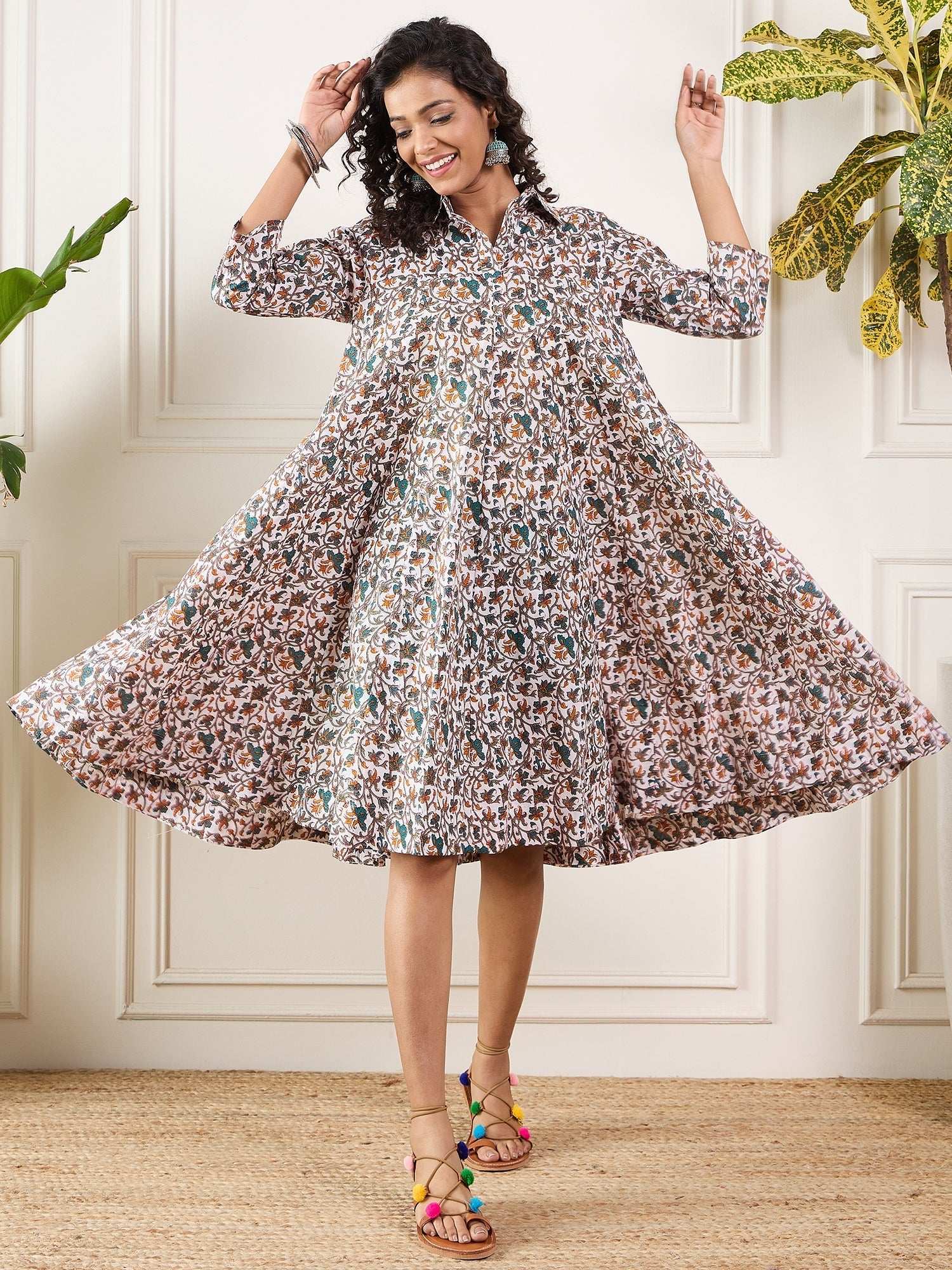 InWeave Teal Floral Sage Jaal Print Collar Dress - Distacart