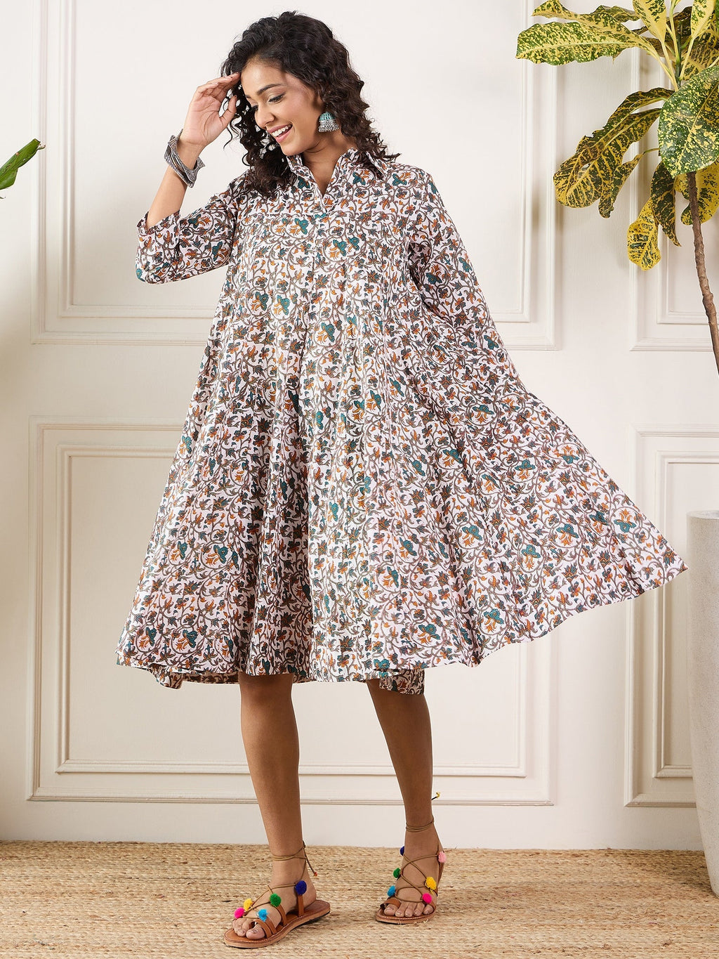 InWeave Teal Floral Sage Jaal Print Collar Dress - Distacart