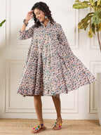 InWeave Teal Floral Sage Jaal Print Collar Dress - Distacart