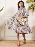 InWeave Teal Floral Sage Jaal Print Collar Dress - Distacart
