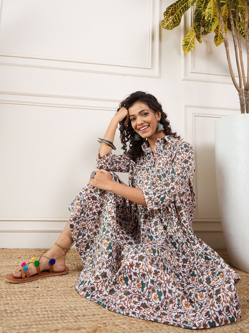 InWeave Teal Floral Sage Jaal Print Collar Dress - Distacart