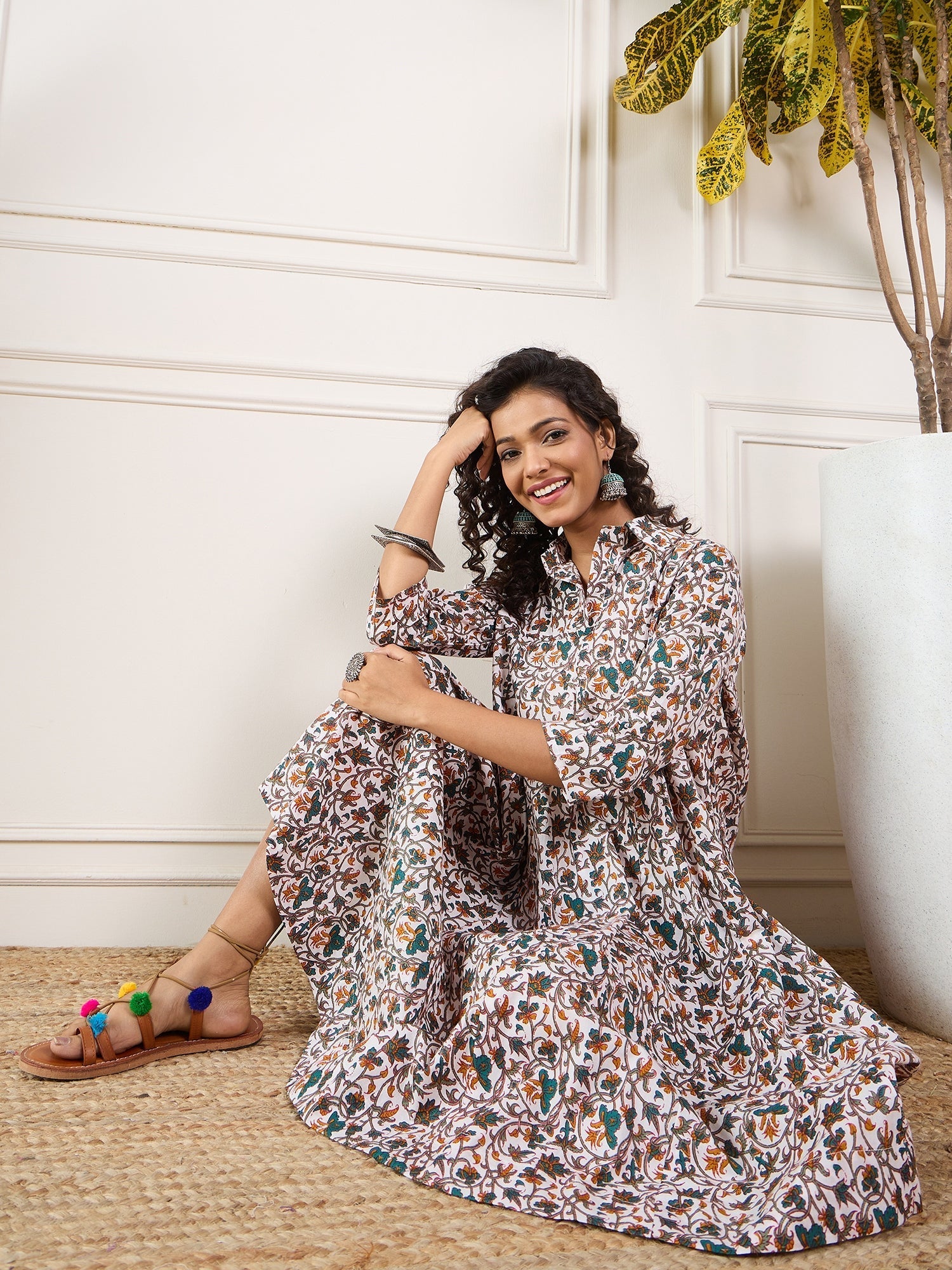 InWeave Teal Floral Sage Jaal Print Collar Dress - Distacart