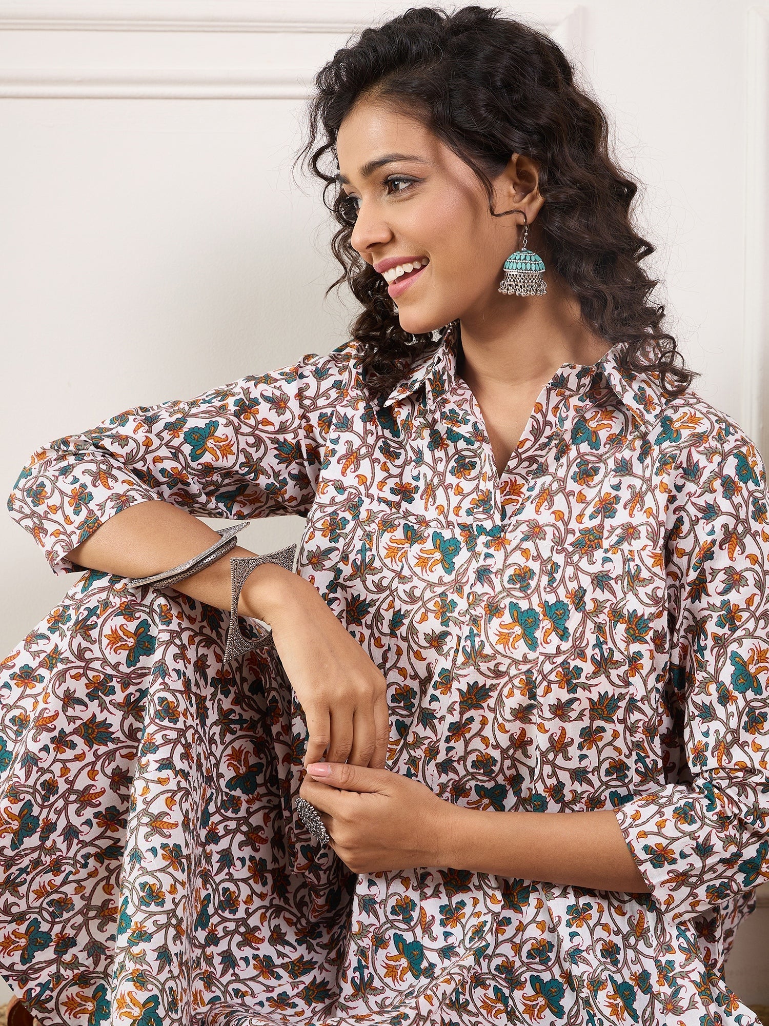 InWeave Teal Floral Sage Jaal Print Collar Dress - Distacart