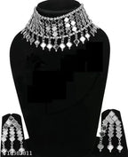 Tehzeeb Creations Women's Silver Colour Oxidised Necklace And Earring With Mirror Work