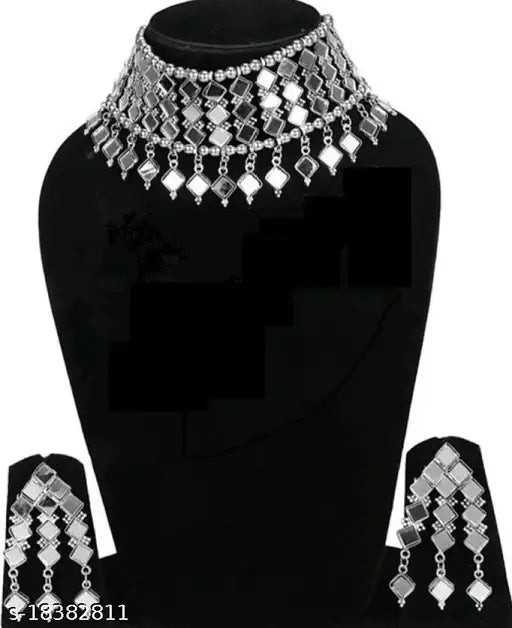 Tehzeeb Creations Women's Silver Colour Oxidised Necklace And Earring With Mirror Work