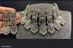 Tehzeeb Creations Women's Silver Colour Oxidised Necklace Set With Mirror And Beads