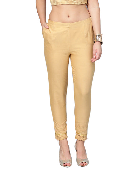Juniper Women Gold Cotton Flex Solid Slim Fit Pant/Slim Pant