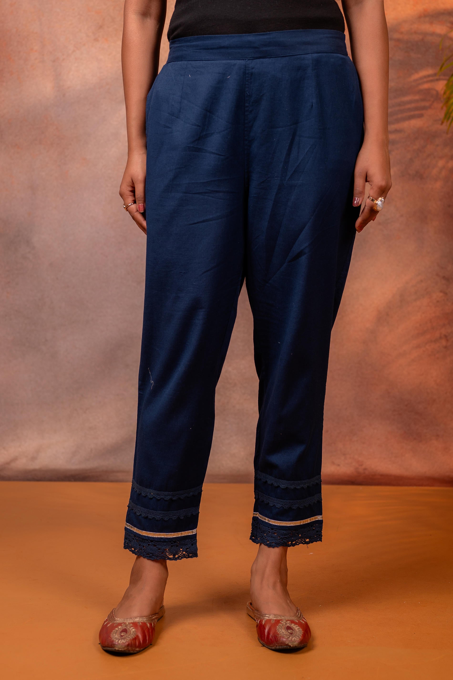 Juniper Navy Solid Cotton Flex Slim Fit Women Pants With One Pocket - Distacart