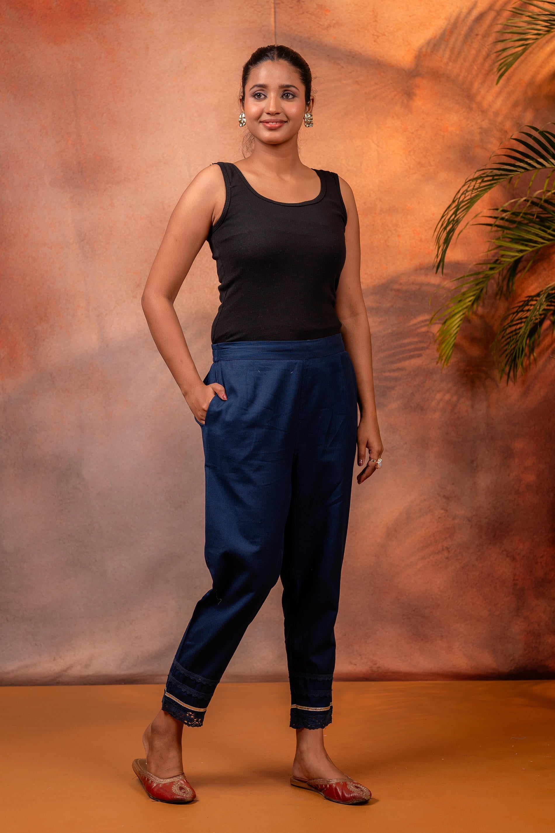 Juniper Navy Solid Cotton Flex Slim Fit Women Pants With One Pocket - Distacart