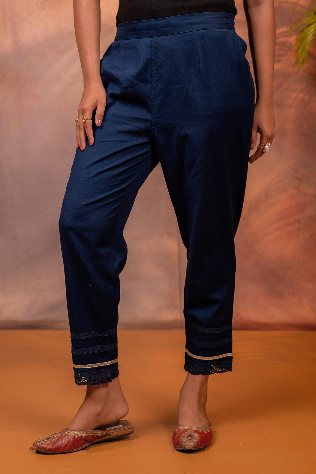 Juniper Navy Solid Cotton Flex Slim Fit Women Pants With One Pocket - Distacart