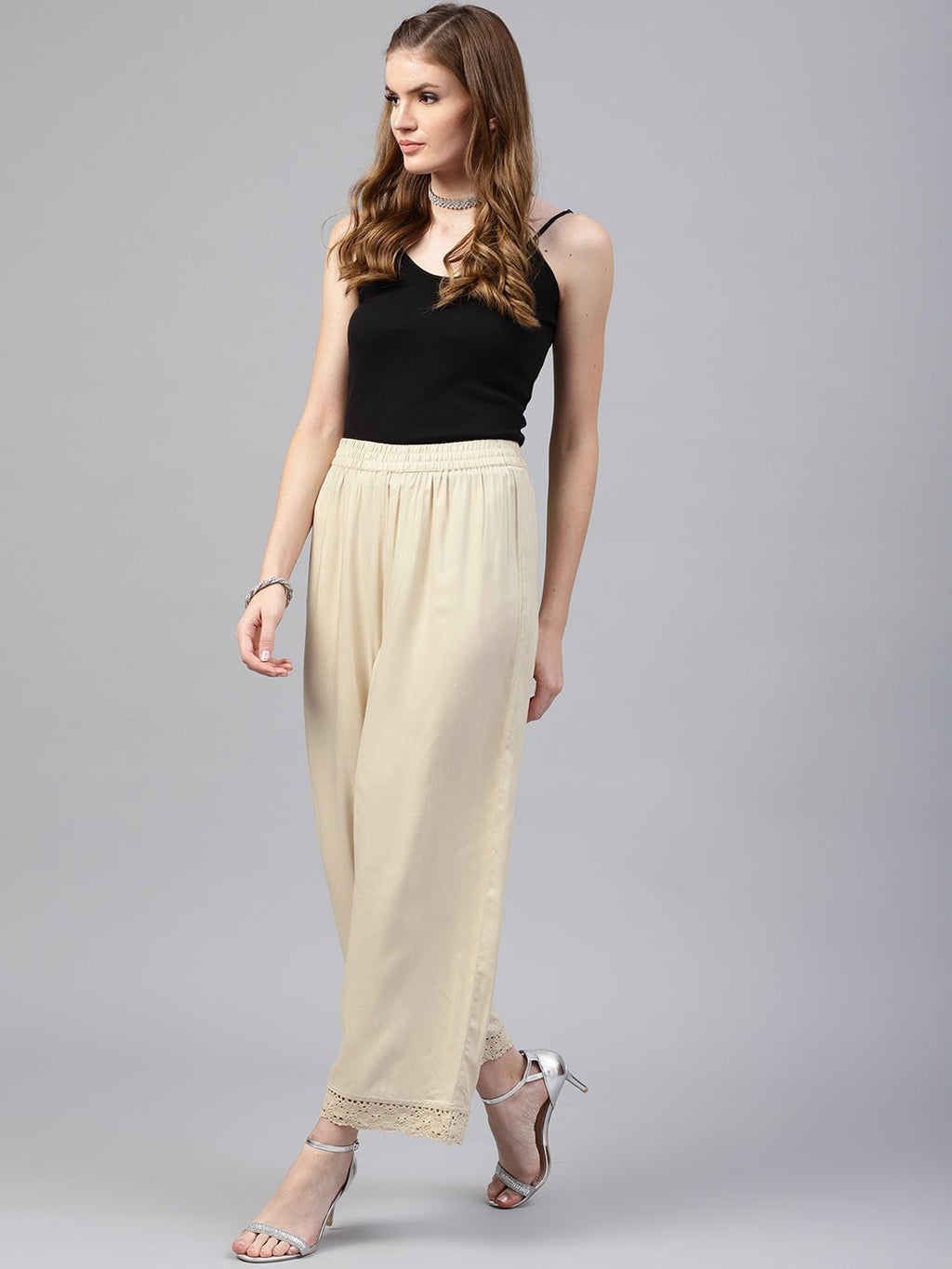 Juniper Beige Solid Rayon Wide Leg Women Palazzo With One Pocket